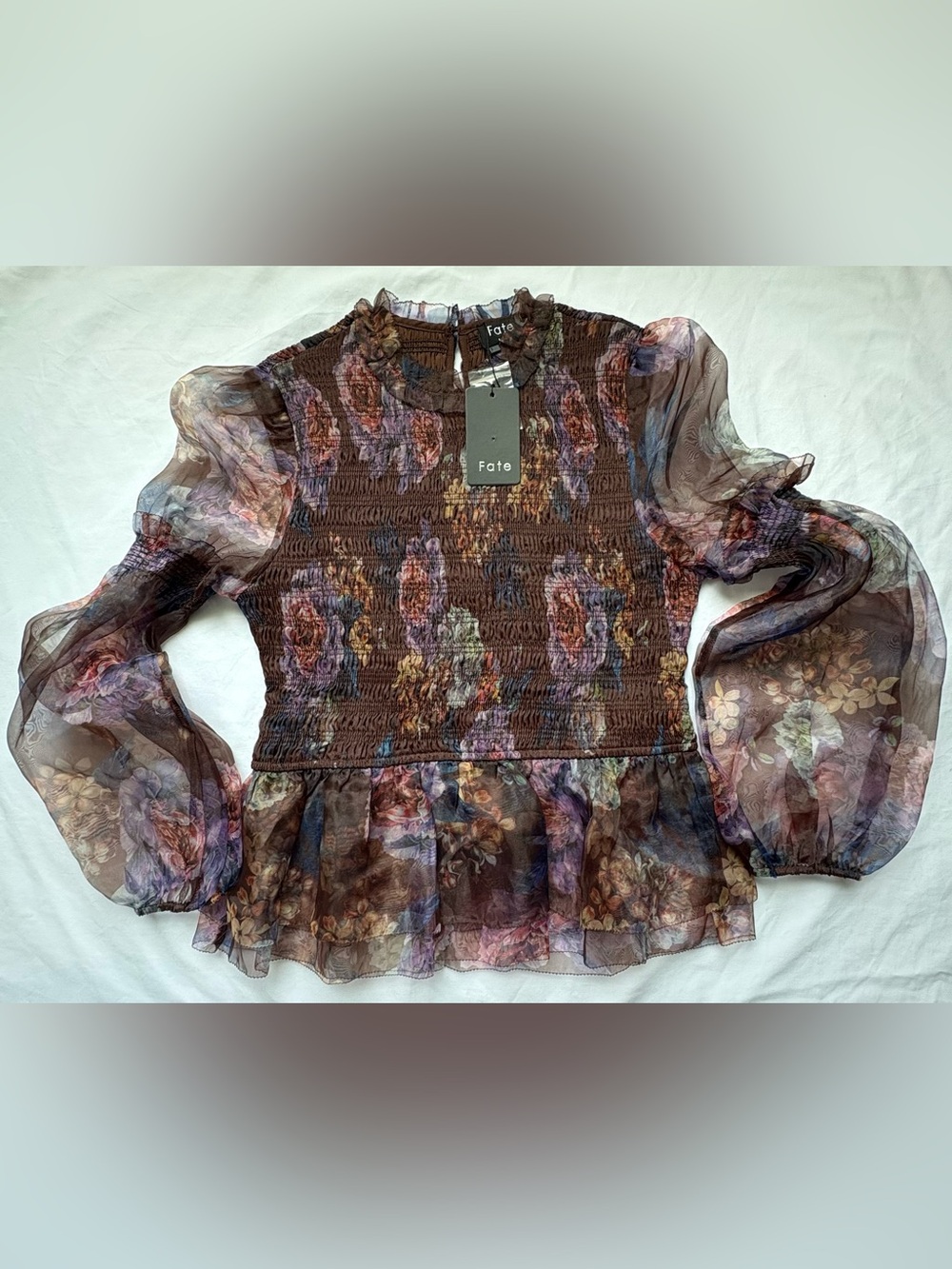 NWT Fate Floral Smocked Peplum Blouse Top Brown Organza Sheer Sleeve LarWomen’s